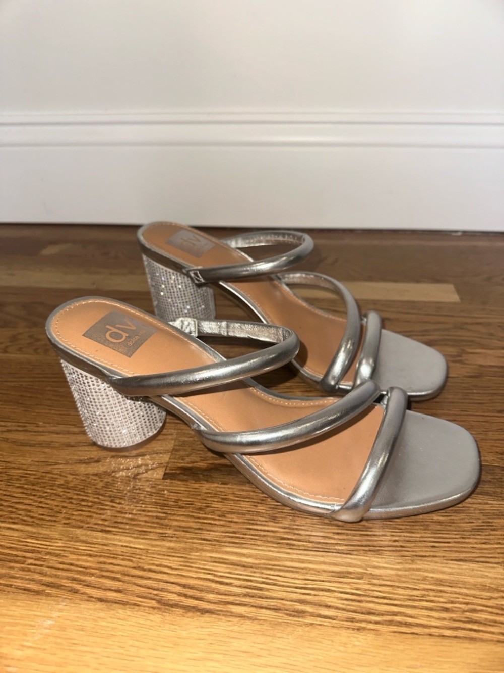 DV by Dolce Vita MYLA Silver Embellished Rhinestone Block Heel Sandals